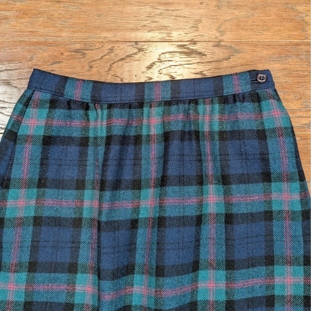 Vintage Petite Pendleton Plaid Wool Skirt Blue Green Pink Made in USA Midi 24W - Picture 2 of 8